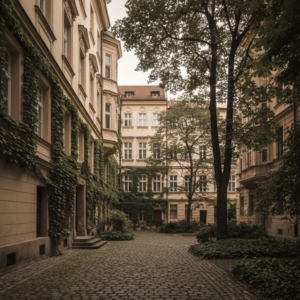 Klidný dvůr v Praze, kde se nachází prostor PlaySpace